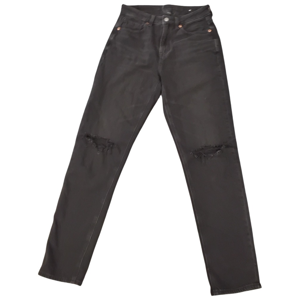 American Eagle Strigid Mom Jeans Black Wash Distressed Ripped Knee Denim Women's